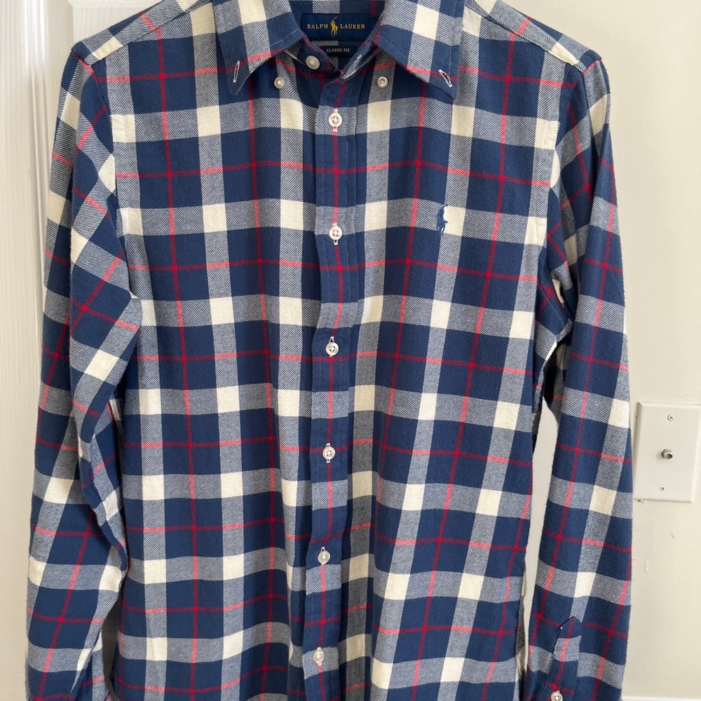 Ralph Lauren navy blue plaid button up shirt